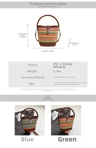 Detailed size specifications and color comparison of the woven rainbow straw bucket bag