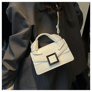 Close-up of white snakeskin texture crossbody bag with contrast black square buckle