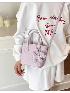 Retro lavender purple crossbody bucket bag with crocodile texture and dog charm