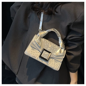 Detail of silver snake-pattern handbag with black frame buckle on dark suit background
