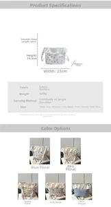 Detailed size specifications and color variants for floral print lace crossbody bags