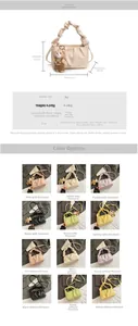 Detailed size specifications and multi-color options for the ruched cloud shoulder bag