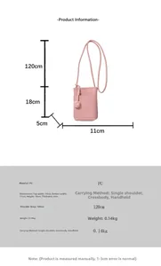 Detailed size specifications for the pink PU leather crossbody mobile phone bag