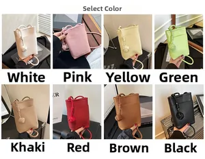 Grid display of minimalist drawstring bucket bags in eight assorted vibrant colors