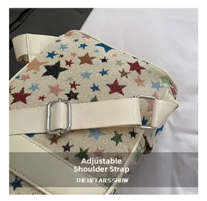 Detail of adjustable woven shoulder strap with star pattern fabric on travel backpack