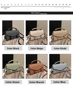 Collage of leather cross-body bags in six colors including beige, khaki, blue, and black