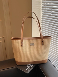 Large Capacity Woven Straw Tote Bag With PU Leather Trim Zipper Closure Casual Vintage Shoulder Bag For Women Daily Vacation