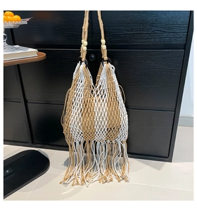Detail of macrame tote bag featuring woven patterns, long tassels, and wooden beads