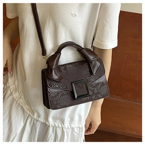 Detail of snake skin texture and black square buckle on a dark brown crossbody bag