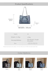 Detailed size chart and four-color display of tote bag with metal butterfly and lace