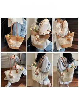 Multiple views of large woven straw tote bags with lace details and leather straps