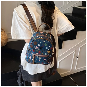 Detailed back view of a canvas backpack with multi-colored embroidered star patterns
