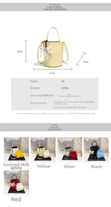 Size chart showing PU bucket bag dimensions and crossbody strap length for women