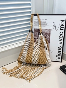 Women Bohemian PU Hand Woven Tassel Tote Bag Ethnic Hollow Shoulder Bag Large Capacity Beach Vacation Travel Handbag With Wood Beads