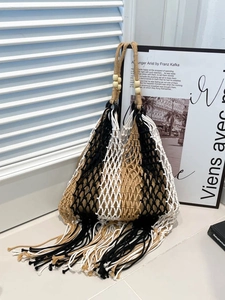 Ethnic knit tote bag with striped pattern, wooden beads and long fringe tassels for beach vacation