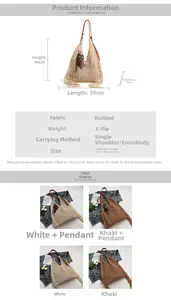 Vue détaillée montrant la texture en maille tissée à la main et les dimensions du sac