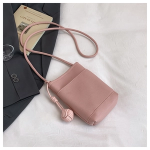 Pink lychee texture leather mini crossbody phone bag with woven ball pendant