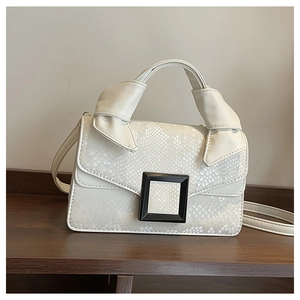 Detail of snake pattern texture on beige handbag with black resin decorative buckle