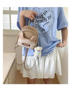 Cute khaki kitten mini backpack featuring embroidered cat pocket and white bear plush charm