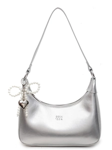Silver hobo bag with pearl bow and heart charm, stylish metallic finish shoulder purse