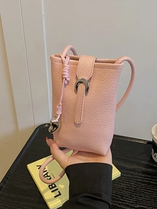 Vintage Women Mini Crossbody Phone Bag PU Leather Litchi Texture Horseshoe Buckle Heart Pendant Small Bucket Shoulder Bag