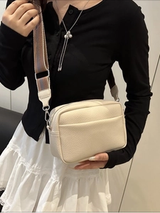Women Litchi Grain PU Leather Crossbody Bag Simple Camera Shoulder Bag With Wide Striped Webbing Strap Small Square Bag