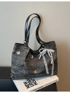 Women Fashion Denim Butterfly Large Capacity Tote Bag With Lace Artificial Pearl Pendant Vintage Sweet Casual Shoulder Bag Handbag