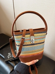 Women Rainbow Woven Bucket Bag PU Leather Trim Shoulder Handbag Summer Beach Vacation Crossbody Bag With Metal Lock