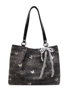 Vintage black polka dot shoulder bag with silver butterflies and pearl lace charm