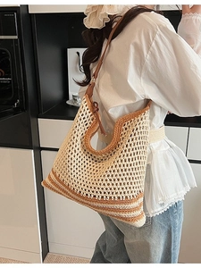 Bohemian hollow-out crochet straw tote bag with brown leather straps for summer style