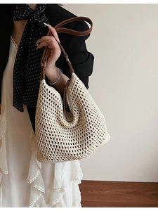 Minimalist cream hollow woven shoulder bag with dark brown leather straps for summer style