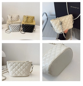 Quilted chain bucket bags in multiple colors featuring classic diamond pattern and leather strap