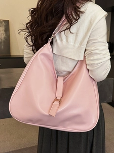 Pink large capacity hobo shoulder bag in premium PU leather with gold clasp detail