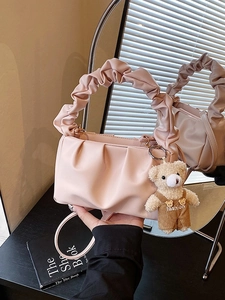 Fashion Ruched PU Leather Underarm Bag For Women Casual Commuting Cloud Bag With Cute Bear Pendant Crossbody Shoulder Bag