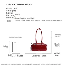 Detailed view of red PU leather mini handbag showing dimensions 16x8x13cm and strap length