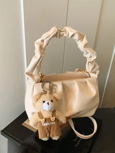 Chic cream ruched underarm bag with cute teddy bear charm for women 2025 summer