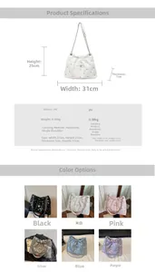 Detailed size specifications and multi-color chart for the quilted rivet bucket bag