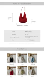 Detailed size chart and multi-color options for the large woven knit shoulder tote bag
