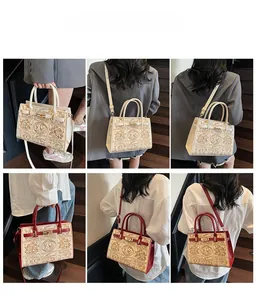 Detailed views of embroidered handbag showing crossbody and handheld carry options