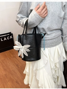 Women Minimalist PU Leather Bucket Bag With Flower Charm Small Crossbody Handbag For Daily Commuting Office Fashion