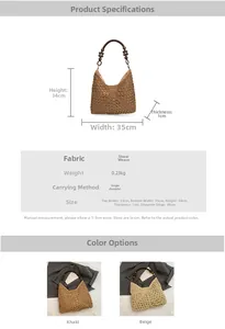 Detailed size chart for straw tote bag showing dimensions and wooden bead handles