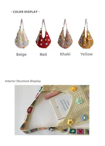Detail of hand-crocheted hollow beach bag with colorful floral charms and roomy interior
