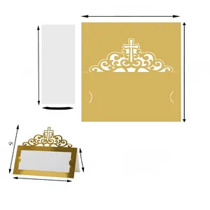 Detail of laser-cut cross wedding place card with gold scroll pattern and dimensions