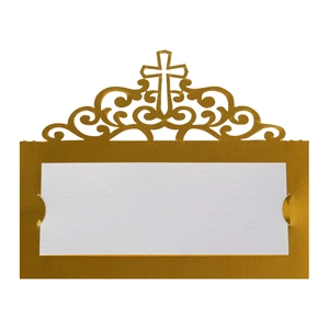Macro detail of laser-cut gold cross place card with white insert for wedding table decor