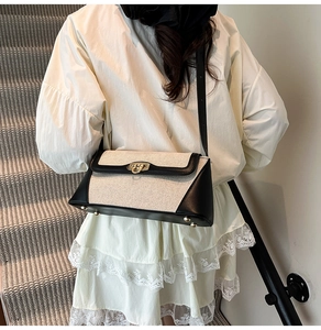 Close-up of contrast crossbody bag with black leather trim and gold twist lock detail