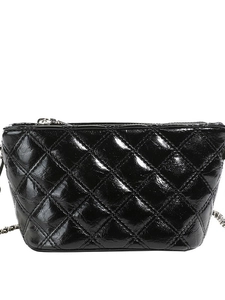 Quilted black chain crossbody bag with glossy finish and silver hardware on white background