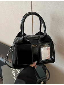 Women Vintage Glossy PU Leather Boston Bag Fashion Minimalist Shoulder Crossbody Bag With Transparent Card Slot Handbag