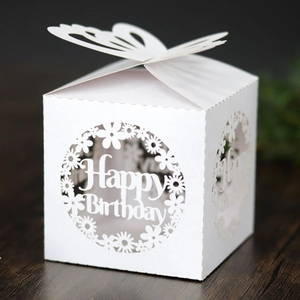 Macro shot of laser-cut butterfly gift box with Happy Birthday镂空 design on white card