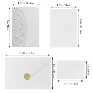 Size specifications for white laser-cut floral wedding invitation set with envelopes