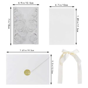 Detailed dimensions of laser-cut rose wedding invitation set with pearlescent paper